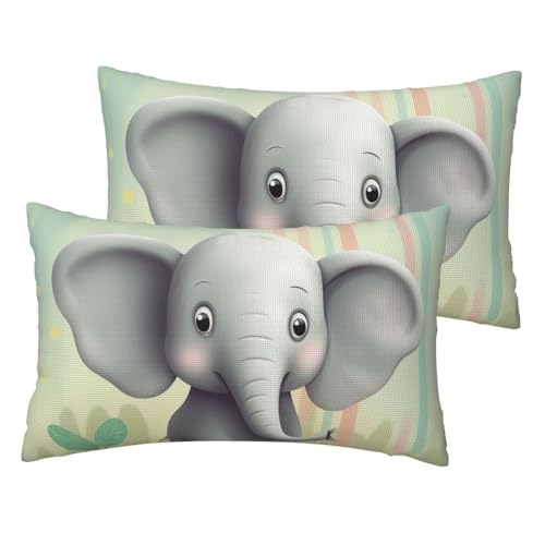 Französische Leinen-Kissenbezüge, 2er-Set, schöner Elefant, Standardgröße, 30,5 x 50,8 cm, atmungsaktiv und kühlend, für alle Jahreszeiten, weiche Kissenbezüge mit Reißverschluss von BWLHJKE