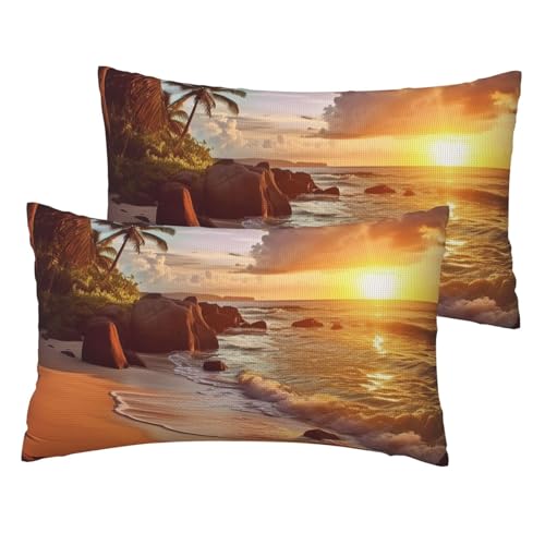 Französische Leinen-Kissenbezüge, 2er-Set, tropischer Strand bei Sonnenuntergang, Standardgröße, 30,5 x 50,8 cm, atmungsaktiv und kühlend, für alle Jahreszeiten, weiche Kissenbezüge mit Reißverschluss von BWLHJKE