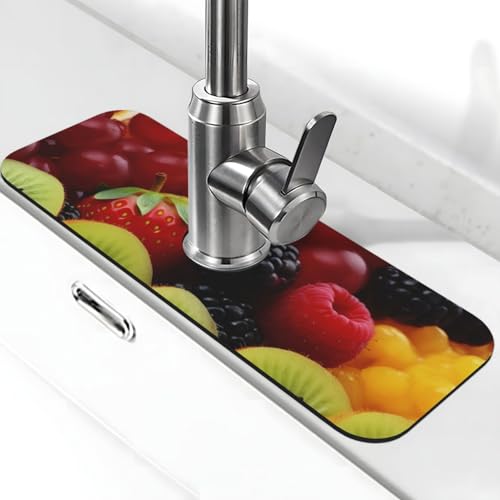 Frisches Obst Wasserhahnmatte für Küchenspüle, Spritzschutz, 14 x 38 cm, Diatomit, schnell trocknende Matte, Spülbeckenablage, super saugfähiger Wasserhahn-Saugnapf, Wasserhahngriff, Tropffänger für von BWLHJKE