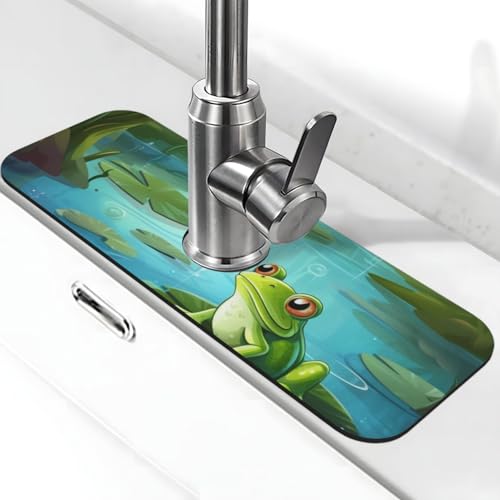Frosch im Teich Wasserhahnmatte für Küchenspüle, Spritzschutz, 14 x 38 cm, Diatomit, schnell trocknende Matte, Spülbeckenablage, super saugfähiger Wasserhahn-Saugnapf, Wasserhahngriff, Tropffänger für Frosch im Teich Wasserhahnmatte für Küchenspüle, Spritzschutz, 14 x 38 cm, Diatomit, schnell trocknende Matte, Spülbeckenablage, super saugfähiger Wasserhahn-Saugnapf, Wasserhahngriff, Tropffänger für von BWLHJKE