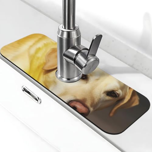 Gelbe Hunde-Wasserhahnmatte für Küchenspüle, Spritzschutz, 14 x 38 cm, Diatomit, schnell trocknende Matte, Waschbeckenablage, super saugfähiger Wasserhahn-Saugnapf, Wasserhahngriff, Tropffänger für von BWLHJKE