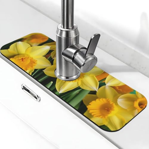 Gelbe Narzissen Blumen Wasserhahn Matte für Küchenspüle, Spritzschutz, 14 x 38 cm, Kieselgur, schnell trocknende Matte, Waschbeckenablage, super saugfähiger Wasserhahn-Saugnapf, Wasserhahngriff Gelbe Narzissen Blumen Wasserhahn Matte für Küchenspüle, Spritzschutz, 14 x 38 cm, Kieselgur, schnell trocknende Matte, Waschbeckenablage, super saugfähiger Wasserhahn-Saugnapf, Wasserhahngriff von BWLHJKE