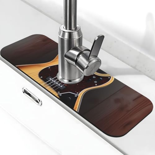 Gitarren-Musikinstrument-Wasserhahnmatte für Küchenspüle, Spritzschutz, 14 x 38 cm, Kieselgur, schnell trocknende Matte, Waschbeckenablage, super saugfähiger Wasserhahn-Saugnapf, Wasserhahngriff von BWLHJKE