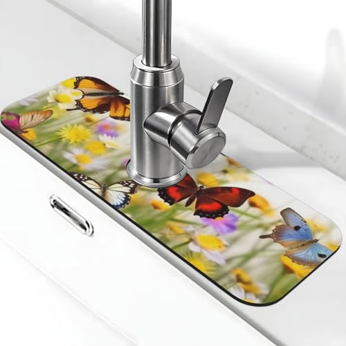 Gruppe von Schmetterlingen Wasserhahnmatte für Küchenspüle, Spritzschutz, 14 x 38 cm, Diatomit, schnell trocknende Matte, Waschbeckenablage, super saugfähiger Wasserhahn-Saugnapf, Wasserhahngriff Gruppe von Schmetterlingen Wasserhahnmatte für Küchenspüle, Spritzschutz, 14 x 38 cm, Diatomit, schnell trocknende Matte, Waschbeckenablage, super saugfähiger Wasserhahn-Saugnapf, Wasserhahngriff von BWLHJKE