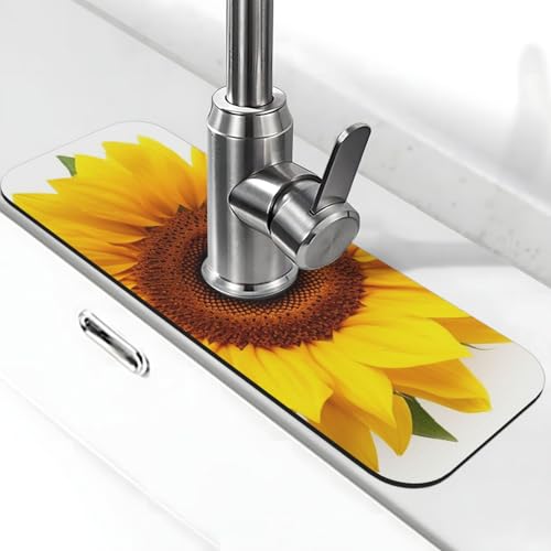 Isolierte Sonnenblumen-Wasserhahnmatte für Küchenspüle, Spritzschutz, 14 x 38 cm, Kieselgur, schnell trocknende Matte, Spülbeckenablage, super saugfähiger Wasserhahn-Saugnapf, Wasserhahngriff von BWLHJKE