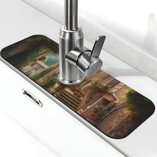 Italienische toskanische Wasserhahnmatte für Küchenspüle, Spritzschutz, 14 x 38 cm, Diatomit, schnell trocknende Matte, Spülbeckenablage, super saugfähiger Wasserhahn-Saugnapf, Wasserhahngriff von BWLHJKE