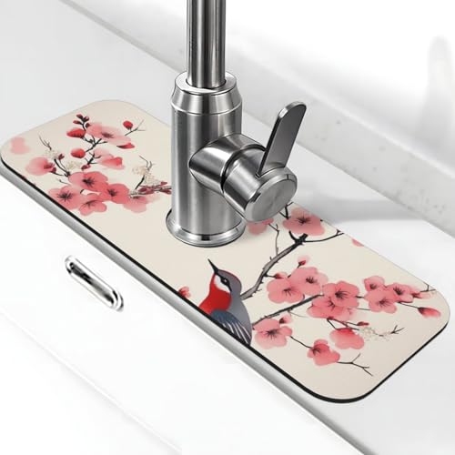 Kirschzweige Blumen Vögel Wasserhahn Matte für Küchenspüle, Spritzschutz, 14 x 38 cm, Kieselgur, schnell trocknende Matte, Waschbeckenablage, super saugfähiger Wasserhahn-Saugnapf, Wasserhahngriff Kirschzweige Blumen Vögel Wasserhahn Matte für Küchenspüle, Spritzschutz, 14 x 38 cm, Kieselgur, schnell trocknende Matte, Waschbeckenablage, super saugfähiger Wasserhahn-Saugnapf, Wasserhahngriff von BWLHJKE