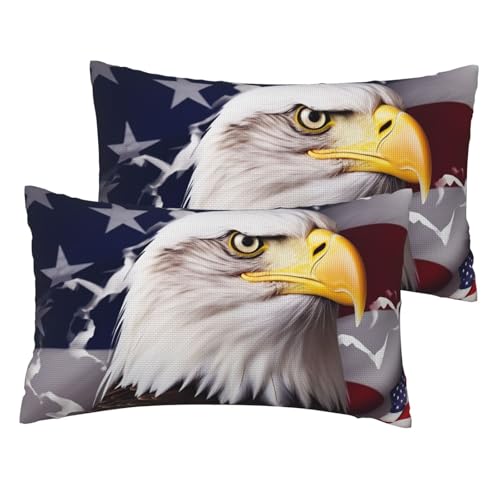 Kissenbezüge aus französischem Leinen, 2er-Set, Amerika-Flagge, Weißkopfseeadler, Standardgröße, 30,5 x 50,8 cm, atmungsaktiv und kühlend, für alle Jahreszeiten, weiche Kissenbezüge mit Reißverschluss von BWLHJKE