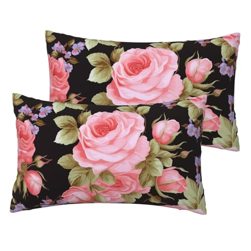 Kissenbezüge aus französischem Leinen, 2er-Set, Rosen-Kissenbezüge, Standardgröße 30,5 x 50,8 cm, atmungsaktiv und kühlend, für alle Jahreszeiten, weiche Kissenbezüge mit Reißverschluss von BWLHJKE