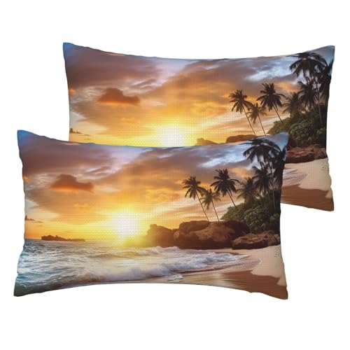 Kissenbezüge aus französischem Leinen, 2er-Set, Strand-Sonnenuntergang, Landschaft, Standardgröße, 30,5 x 50,8 cm, atmungsaktiv und kühlend, für alle Jahreszeiten, weiche Kissenbezüge mit von BWLHJKE