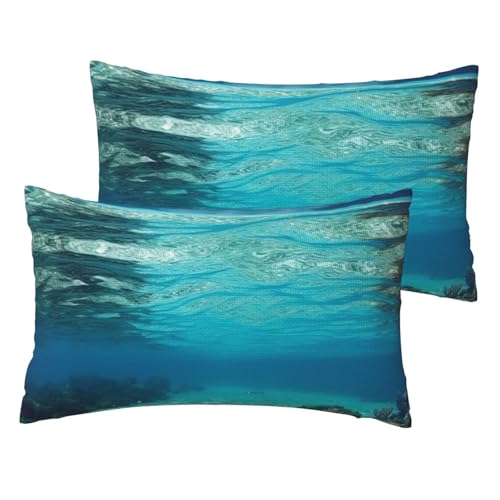 Kissenbezüge aus französischem Leinen, 2er-Set, Unterwasserblick auf den tropischen Strand, Standardgröße 30,5 x 50,8 cm, atmungsaktiv und kühlend, für alle Jahreszeiten, weiche Kissenbezüge mit von BWLHJKE