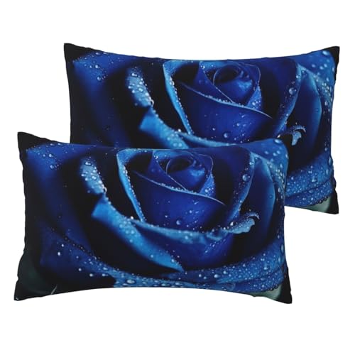 Kissenbezüge aus französischem Leinen, 2er-Set, blaue Rose, Standardgröße 30,5 x 50,8 cm, atmungsaktiv und kühlend, für alle Jahreszeiten, weiche Kissenbezüge mit Reißverschluss von BWLHJKE