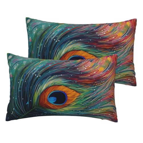 Kissenbezüge aus französischem Leinen, 2er-Set, farbiger Pfau, Standardgröße 30,5 x 50,8 cm, atmungsaktiv und kühlend, für alle Jahreszeiten, weiche Kissenbezüge mit Reißverschluss von BWLHJKE