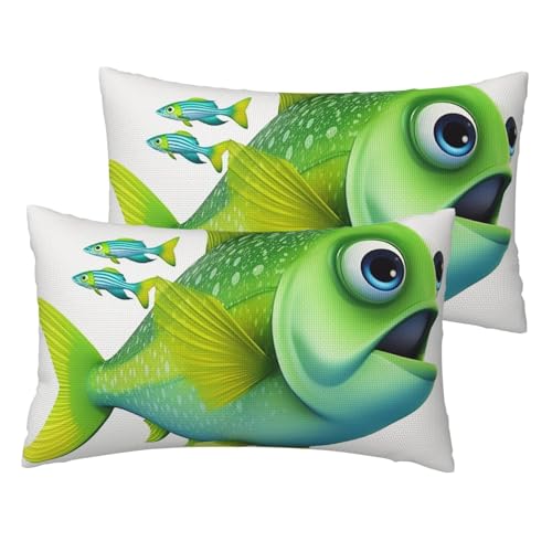Kissenbezüge aus französischem Leinen, 2er-Set, grüne Fische, Standardgröße 30,5 x 50,8 cm, atmungsaktiv und kühlend, für alle Jahreszeiten, weiche Kissenbezüge mit Reißverschluss von BWLHJKE