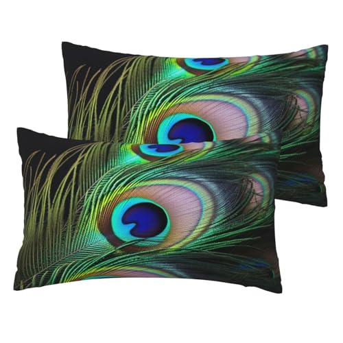 Kissenbezüge aus französischem Leinen, 2er-Set, grüne Pfauenfedern, Standardgröße, 30,5 x 50,8 cm, atmungsaktiv und kühlend, für alle Jahreszeiten, weiche Kissenbezüge mit Reißverschluss von BWLHJKE