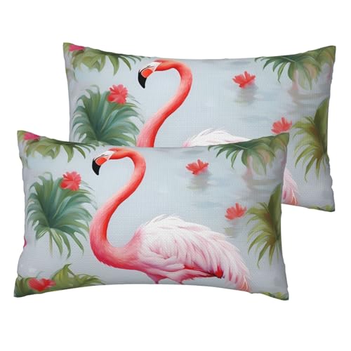 Kissenbezüge aus französischem Leinen, 2er-Set, weißer Flamingo, Standardgröße, 30,5 x 50,8 cm, atmungsaktiv und kühlend, für alle Jahreszeiten, weiche Kissenbezüge mit Reißverschluss von BWLHJKE