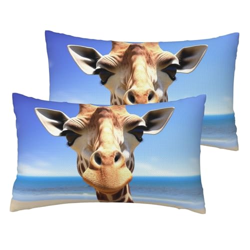 Kissenbezüge aus französischem Leinen, Strandgiraffe, Standardgröße, 30,5 x 50,8 cm, atmungsaktiv und kühlend, für alle Jahreszeiten, weiche Kissenbezüge mit Reißverschluss, 2 Stück von BWLHJKE