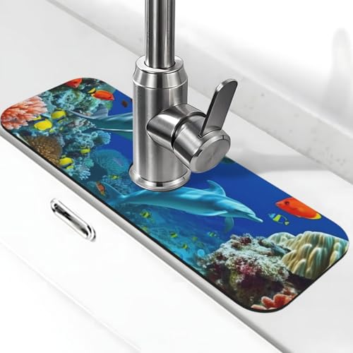 Meeresboden Korallenfisch Delfine Wasserhahnmatte für Küchenspüle, Spritzschutz, 14 x 38 cm, Kieselgur, schnell trocknende Matte, Waschbeckenablage, super saugfähiger Wasserhahn, Saugnapf von BWLHJKE