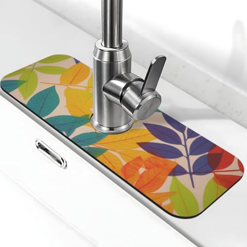 Mehrfarbige Blätter Wasserhahnmatte für Küchenspüle, Spritzschutz, 14 x 38 cm, Diatomit, schnell trocknende Matte, Spülbeckenablage, super saugfähiger Wasserhahn-Saugnapf, Wasserhahngriff, Tropffänger Mehrfarbige Blätter Wasserhahnmatte für Küchenspüle, Spritzschutz, 14 x 38 cm, Diatomit, schnell trocknende Matte, Spülbeckenablage, super saugfähiger Wasserhahn-Saugnapf, Wasserhahngriff, Tropffänger von BWLHJKE