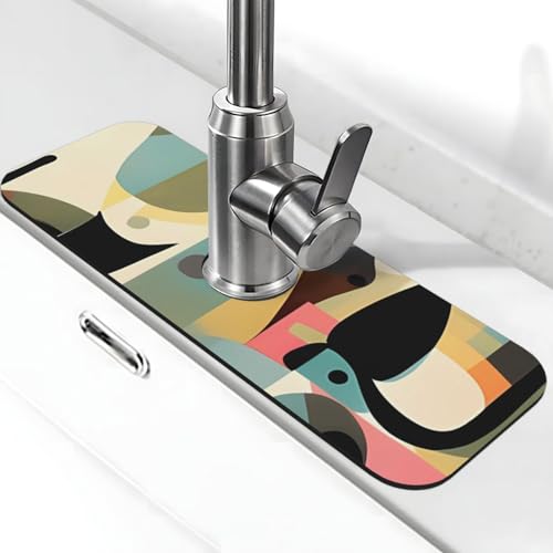 Mitte des Jahrhunderts moderne Kunst Katze Wasserhahn Matte für Küchenspüle Spritzschutz 14 cm × 38 cm Diatomit schnell trocknende Matte Waschbecken Tablett super saugfähiger Wasserhahn Saugnapf von BWLHJKE