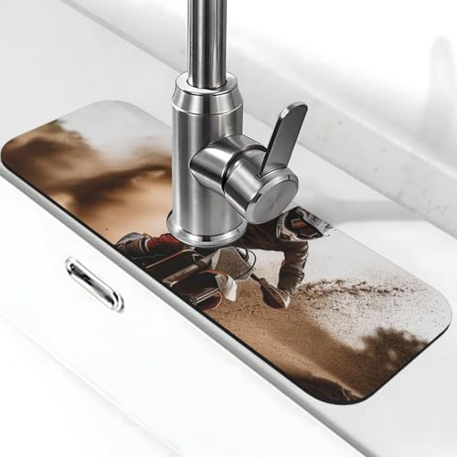 Motocross-Wasserhahnmatte für Küchenspüle, Spritzschutz, 14 x 38 cm, Diatomit, schnell trocknende Matte, Waschbeckenablage, super saugfähiger Wasserhahn-Saugnapf, Wasserhahngriff, Tropffänger für von BWLHJKE