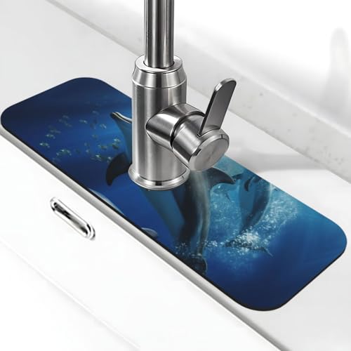Niedliche Delfin-Wasserhahnmatte für Küchenspüle, Spritzschutz, 14 x 38 cm, Diatomit, schnell trocknende Matte, Waschbeckenablage, super saugfähiger Wasserhahn-Saugnapf, Wasserhahngriff, Tropffänger Niedliche Delfin-Wasserhahnmatte für Küchenspüle, Spritzschutz, 14 x 38 cm, Diatomit, schnell trocknende Matte, Waschbeckenablage, super saugfähiger Wasserhahn-Saugnapf, Wasserhahngriff, Tropffänger von BWLHJKE