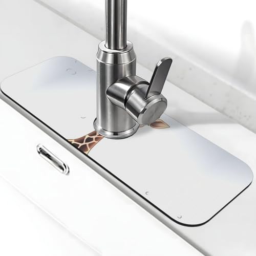 Niedliche Giraffen-Wasserhahnmatte für Küchenspüle, Spritzschutz, 14 x 38 cm, Diatomit, schnell trocknende Matte, Waschbeckenablage, super saugfähiger Wasserhahn-Saugnapf, Wasserhahngriff, Tropffänger von BWLHJKE