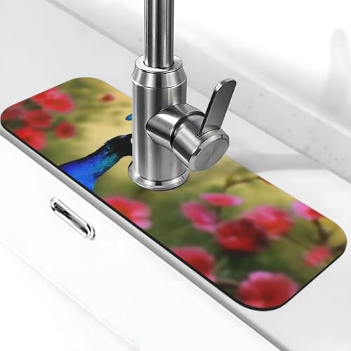 Pfauenblumen-Wasserhahnmatte für Küchenspüle, Spritzschutz, 14 x 38 cm, Kieselgur, schnell trocknende Matte, Waschbeckenablage, super saugfähiger Wasserhahn-Saugnapf, Wasserhahngriff, Tropffänger für Pfauenblumen-Wasserhahnmatte für Küchenspüle, Spritzschutz, 14 x 38 cm, Kieselgur, schnell trocknende Matte, Waschbeckenablage, super saugfähiger Wasserhahn-Saugnapf, Wasserhahngriff, Tropffänger für von BWLHJKE