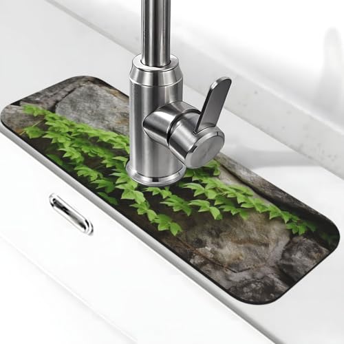 Pflanze auf Steinmauer Wasserhahnmatte für Küchenspüle, Spritzschutz, 14 x 38 cm, Kieselgur, schnell trocknende Matte, Waschbeckenablage, super saugfähiger Wasserhahn-Saugnapf, Wasserhahngriff Pflanze auf Steinmauer Wasserhahnmatte für Küchenspüle, Spritzschutz, 14 x 38 cm, Kieselgur, schnell trocknende Matte, Waschbeckenablage, super saugfähiger Wasserhahn-Saugnapf, Wasserhahngriff von BWLHJKE