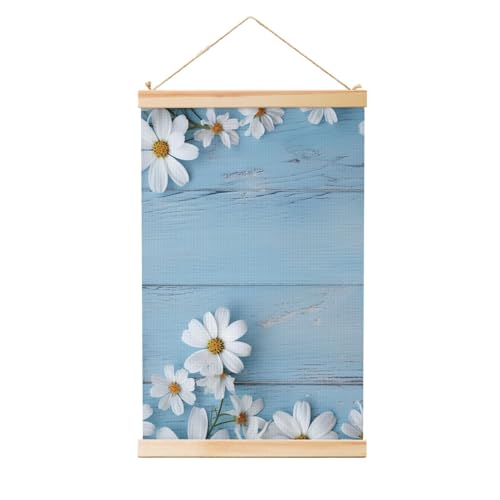 Poster zum Aufhängen, Holzschaft, Leinwanddrucke, Wandkunst, weiße Blumen, hellblau, Holzgemälde, Wandbanner, modernes Kunstwerk, Dekor für Zuhause, fertig zum Aufhängen, 50,8 x 76,2 cm von BWLHJKE