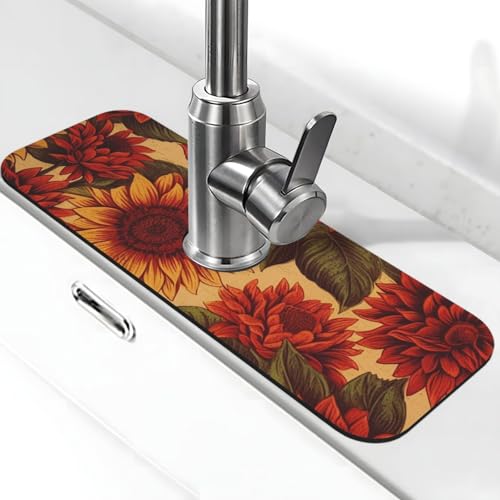 Rote Sonnenblumen-Wasserhahnmatte für Küchenspüle, Spritzschutz, 14 x 38 cm, Diatomit, schnell trocknende Matte, Spülbeckenablage, super saugfähiger Wasserhahn-Saugnapf, Wasserhahngriff, Tropffänger von BWLHJKE