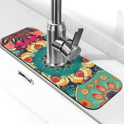 Runde Blumen-Wasserhahnmatte für Küchenspüle, Spritzschutz, 14 x 38 cm, Diatomit, schnell trocknende Matte, Spülbeckenablage, super saugfähiger Wasserhahn-Saugnapf, Wasserhahngriff, Tropffänger für von BWLHJKE