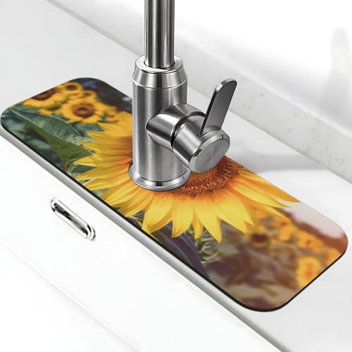 Schöne Sonnenblumen-Wasserhahnmatte für Küchenspüle, Spritzschutz, 14 x 38 cm, Diatomit, schnell trocknende Matte, Waschbeckenablage, super saugfähiger Wasserhahn-Saugnapf, Wasserhahngriff von BWLHJKE