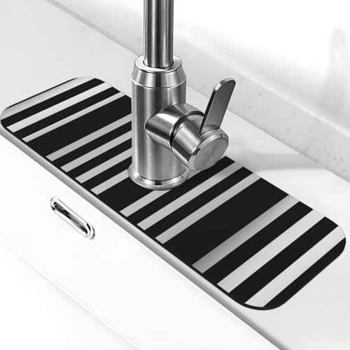 Schwarz-weiß gestreifte Wasserhahnmatte für Küchenspüle, Spritzschutz, 14 x 38 cm, Diatomit, schnell trocknende Matte, Spülbecken-Ablage, super saugfähiger Wasserhahn-Saugnapf, Wasserhahngriff Schwarz-weiß gestreifte Wasserhahnmatte für Küchenspüle, Spritzschutz, 14 x 38 cm, Diatomit, schnell trocknende Matte, Spülbecken-Ablage, super saugfähiger Wasserhahn-Saugnapf, Wasserhahngriff von BWLHJKE
