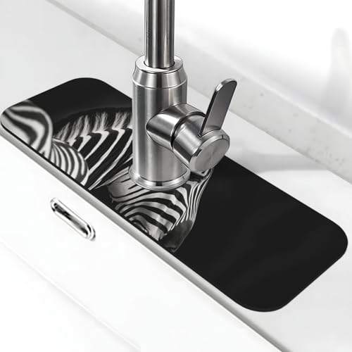 Schwarz-weiße Zebra-Wasserhahnmatte für Küchenspüle, Spritzschutz, 14 x 38 cm, Diatomit, schnell trocknende Matte, Spülbeckenablage, super saugfähiger Wasserhahn-Saugnapf, Wasserhahngriff, Tropffänger von BWLHJKE