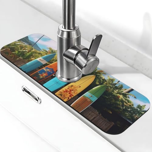 Surf's Up Surfbrett-Wasserhahnmatte für Küchenspüle, Spritzschutz, 14 x 38 cm, Diatomit, schnell trocknende Matte, Spülbeckenablage, super saugfähiger Wasserhahn-Saugnapf, Wasserhahngriff, Tropffänger Surf's Up Surfbrett-Wasserhahnmatte für Küchenspüle, Spritzschutz, 14 x 38 cm, Diatomit, schnell trocknende Matte, Spülbeckenablage, super saugfähiger Wasserhahn-Saugnapf, Wasserhahngriff, Tropffänger von BWLHJKE