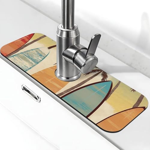 Surfbrett-Palmen-Wasserhahnmatte für Küchenspüle, Spritzschutz, 14 x 38 cm, Diatomit, schnell trocknende Matte, Spülbeckenablage, super saugfähiger Wasserhahn-Saugnapf, Wasserhahngriff, Tropffänger Surfbrett-Palmen-Wasserhahnmatte für Küchenspüle, Spritzschutz, 14 x 38 cm, Diatomit, schnell trocknende Matte, Spülbeckenablage, super saugfähiger Wasserhahn-Saugnapf, Wasserhahngriff, Tropffänger von BWLHJKE