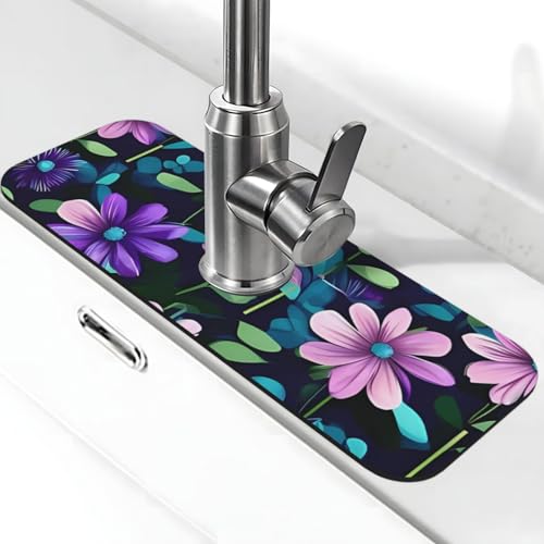 Violette Kamelien-Wasserhahnmatte für Küchenspüle, Spritzschutz, 14 x 38 cm, Diatomit, schnell trocknende Matte, Spülbeckenablage, super saugfähiger Wasserhahn-Saugnapf, Wasserhahngriff, Tropffänger von BWLHJKE