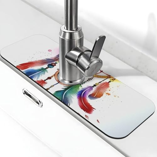Wasserfarben-Traumfänger-Wasserhahnmatte für Küchenspüle, Spritzschutz, 14 x 38 cm, Kieselgur, schnell trocknende Matte, Waschbeckenablage, super saugfähiger Wasserhahn-Saugnapf, Wasserhahngriff von BWLHJKE