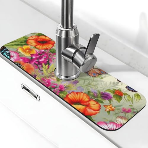 Wasserhahn-Matte mit Vögeln und Blumen, Schmetterling, für Küchenspüle, Spritzschutz, 14 x 38 cm, Diatomit, schnell trocknende Matte, Waschbeckenablage, super saugfähiger Wasserhahn-Saugnapf Wasserhahn-Matte mit Vögeln und Blumen, Schmetterling, für Küchenspüle, Spritzschutz, 14 x 38 cm, Diatomit, schnell trocknende Matte, Waschbeckenablage, super saugfähiger Wasserhahn-Saugnapf von BWLHJKE