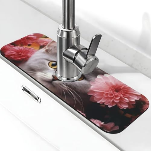 Wasserhahnmatte mit Katze in Blumen, für Küchenspüle, Spritzschutz, 14 x 38 cm, Diatomit, schnell trocknende Matte, Waschbeckenablage, super saugfähiger Wasserhahn-Saugnapf, Wasserhahngriff Wasserhahnmatte mit Katze in Blumen, für Küchenspüle, Spritzschutz, 14 x 38 cm, Diatomit, schnell trocknende Matte, Waschbeckenablage, super saugfähiger Wasserhahn-Saugnapf, Wasserhahngriff von BWLHJKE