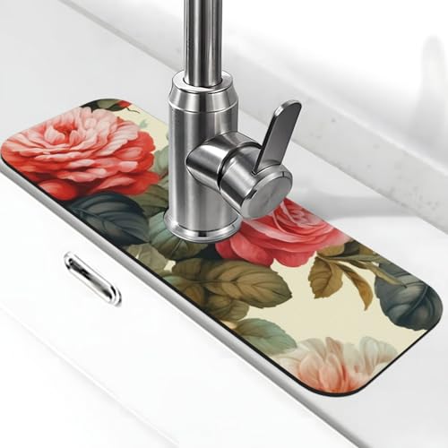 Wasserhahnmatte mit Vintage-Blumenmuster für Küchenspüle, Spritzschutz, 14 x 38 cm, Diatomit, schnell trocknende Matte, Spülbeckenablage, super saugfähig, Saugnapf, Wasserhahngriff, Tropffänger für Wasserhahnmatte mit Vintage-Blumenmuster für Küchenspüle, Spritzschutz, 14 x 38 cm, Diatomit, schnell trocknende Matte, Spülbeckenablage, super saugfähig, Saugnapf, Wasserhahngriff, Tropffänger für von BWLHJKE