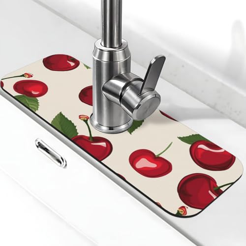 Wasserhahnmatte mit rotem Kirschmuster für Küchenspüle, Spritzschutz, 14 x 38 cm, Kieselgur, schnell trocknende Matte, Waschbeckenablage, super saugfähiger Wasserhahn-Saugnapf, Wasserhahngriff Wasserhahnmatte mit rotem Kirschmuster für Küchenspüle, Spritzschutz, 14 x 38 cm, Kieselgur, schnell trocknende Matte, Waschbeckenablage, super saugfähiger Wasserhahn-Saugnapf, Wasserhahngriff von BWLHJKE