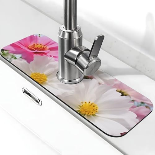 Weiße Blumen-Wasserhahnmatte für Küchenspüle, Spritzschutz, 14 x 38 cm, Diatomit, schnell trocknende Matte, Spülbeckenablage, super saugfähiger Wasserhahn-Saugnapf, Wasserhahngriff, Tropffänger für Weiße Blumen-Wasserhahnmatte für Küchenspüle, Spritzschutz, 14 x 38 cm, Diatomit, schnell trocknende Matte, Spülbeckenablage, super saugfähiger Wasserhahn-Saugnapf, Wasserhahngriff, Tropffänger für von BWLHJKE