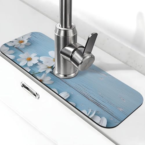 Weiße Blumen hellblaue Holz-Wasserhahnmatte für Küchenspüle, Spritzschutz, 14 x 38 cm, Kieselgur, schnell trocknende Matte, Waschbeckenablage, super saugfähiger Wasserhahn-Saugnapf, Wasserhahngriff Weiße Blumen hellblaue Holz-Wasserhahnmatte für Küchenspüle, Spritzschutz, 14 x 38 cm, Kieselgur, schnell trocknende Matte, Waschbeckenablage, super saugfähiger Wasserhahn-Saugnapf, Wasserhahngriff von BWLHJKE