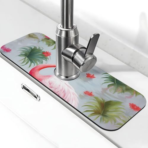 Weiße Flamingo-Wasserhahnmatte für Küchenspüle, Spritzschutz, 14 x 38 cm, Diatomit, schnell trocknende Matte, Spülbeckenablage, super saugfähiger Wasserhahn-Saugnapf, Wasserhahngriff, Tropffänger für von BWLHJKE