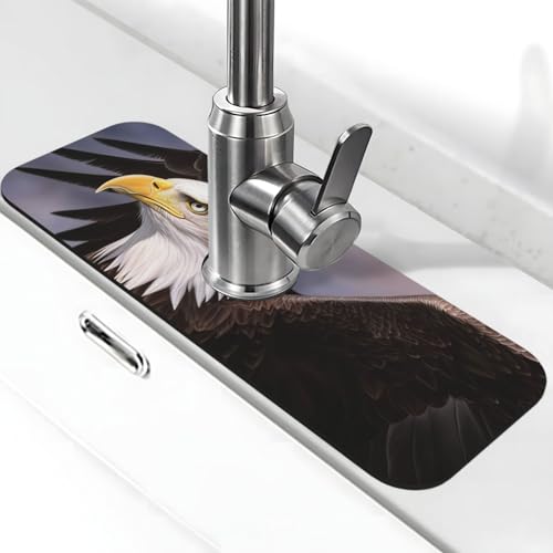 Weißkopfseeadler Wasserhahnmatte für Küchenspüle, Spritzschutz, 14 x 38 cm, Diatomit, schnell trocknende Matte, Waschbeckenablage, super saugfähiger Wasserhahn-Saugnapf, Wasserhahngriff, Tropffänger von BWLHJKE