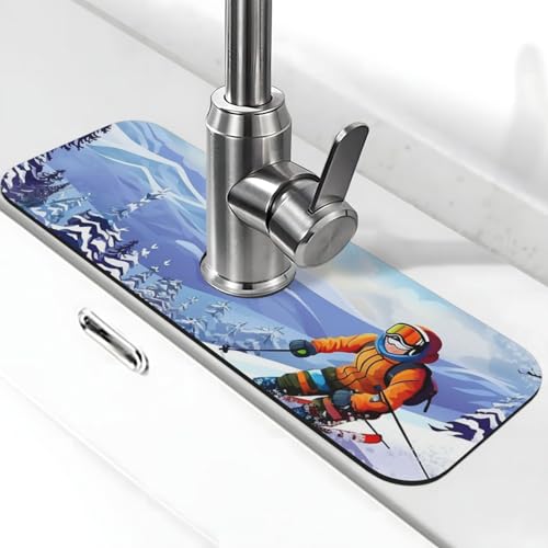 Winter-Ski-Wasserhahnmatte für Küchenspüle, Spritzschutz, 14 x 38 cm, Diatomit, schnell trocknende Matte, Waschbeckenablage, super saugfähiger Wasserhahn-Saugnapf, Wasserhahngriff, Tropffänger für von BWLHJKE