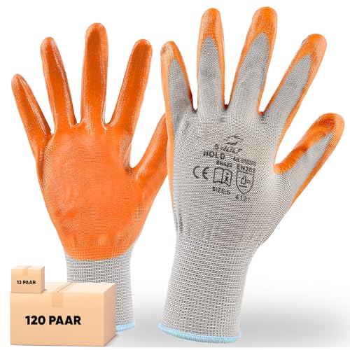 BWOLF HOLD Handschuhe Arbeitshandschuhe Herren Arbeitshandschuhe Damen Mechaniker Handschuhe Herren Montagehandschuhe mit robuster Nitrilschaum (Grau, 9 (12 paar)) von BWOLF