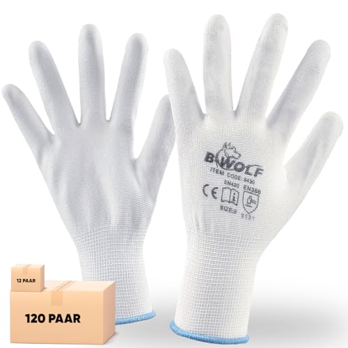 BWOLF PENGUIN Arbeitshandschuhe Herren/Arbeitshandschuhe Damen Handschuhe, rutschfeste Montagehandschuhe Nahtlos für Reparaturen, Feinarbeiten, Automobilindustrie, Autoservice (7(12 paar), Weiß) von BWOLF